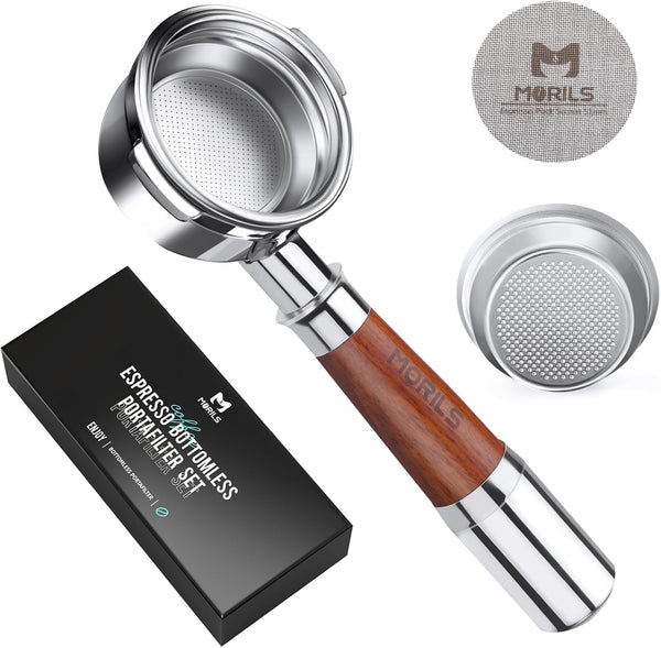 58mm Bottomless Portafilter with Double Shot Filter Basket & Walnutwood Handle, Compatible with Breville Machines