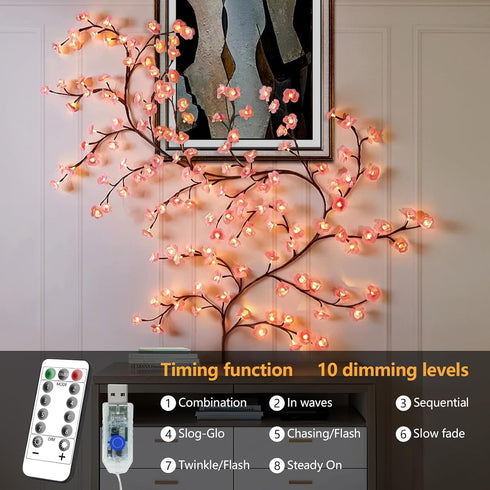 4FT 48LED Timer,8 FNHMSL Cherry Enchanted Willow Vine Lights, Pink Cherry Blossom Tree Branch Lights for Wall, Remote