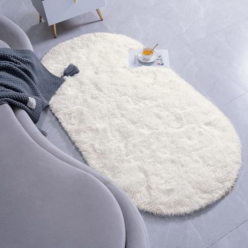 Fluffy Cream Bedroom Rug, Oval Shaggy Area Rug 2.6 x 5.2 Feet Cute Small Carpet for Kids Room Nursery Home Decor