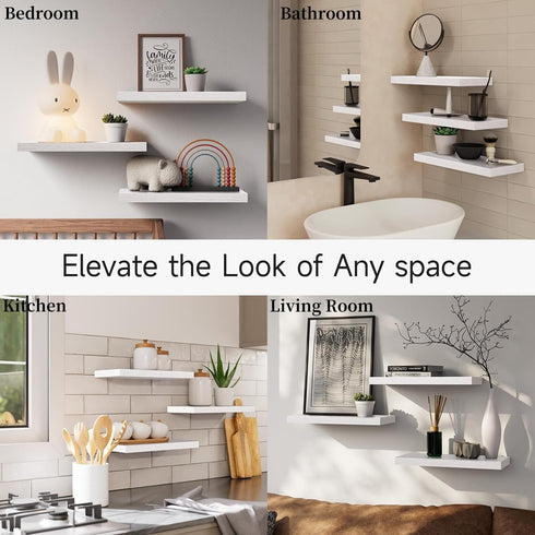 Set 3, 22lb BAYKA White Floating Shelves for Wall of Rustic Wood Wall Shelves with Metal Brackets for Bathroom