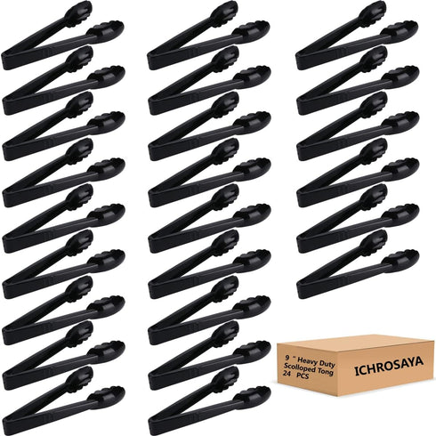 24 Pieces Black Plastic Salad Tongs, 9 Inch Heavy Duty Scalloped Kitchen Serving Utensils Set for BBQ and Buffets
