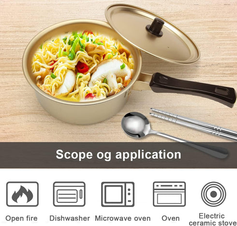 AHIER Korean Ramen Cooking Pot with Lid, Spoon, and Chopsticks, Fast Heating Noodle Pot for Kitchen Cookware (Single