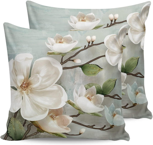 Waterproof Pillow Covers Set of 2 for Couch, Farmhouse White Magnolia Flower Decorative Cushion Cases 18x18In, Indoor