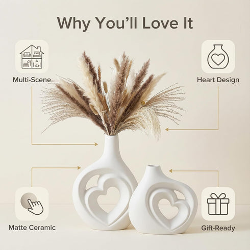 Set 2, 8.5in White Heart Shaped Hollow Ceramic Vase of Modern Nordic Boho Style Vases Home Decor for Table Centerpiece