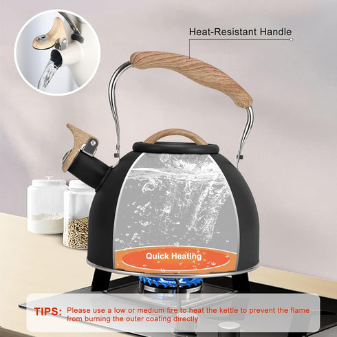 Vegoran Tea Kettle, 100 OZ / 3 Liter Whistling Kettle, Food Grade Stainless Steel with Wood Pattern Folding Handle