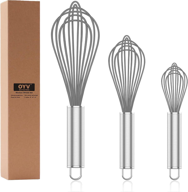 Grey Silicone Whisk, Professional Non-Scratch Whisks for Cooking, Set of 3 for Nonstick Cookware