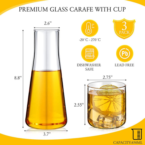 850 ml Set 30 oz (3 Set) Bedside Water Carafe with Glass Night Water Carafe Clear Glass Carafe with Cup Nightstand