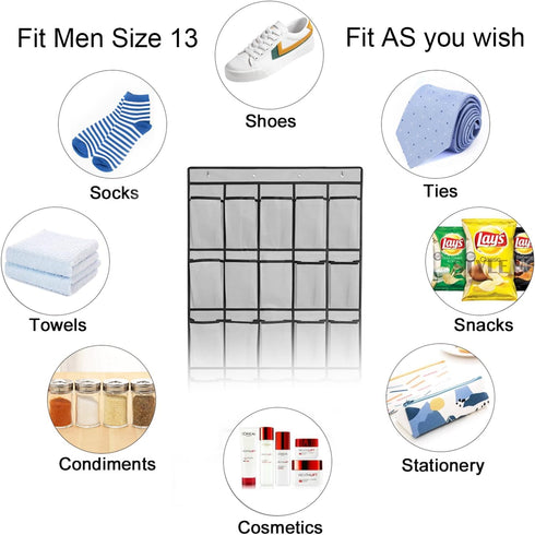 1 Pack 35 Breathable Mesh Pockets Large Hanging Shoe Organizer, Over The Door Rack for Closet Storage, Grey