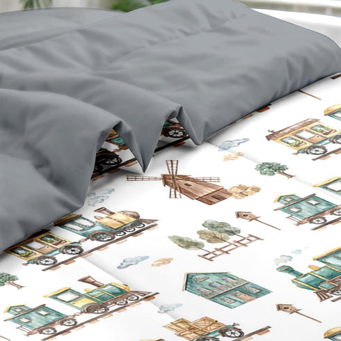 Set 5 Sets Pamnest Comforter Twin Size, Cute Cartoon Train Pcs Bedding for Kids and Adults, Green Barn Tree Bed Sheet