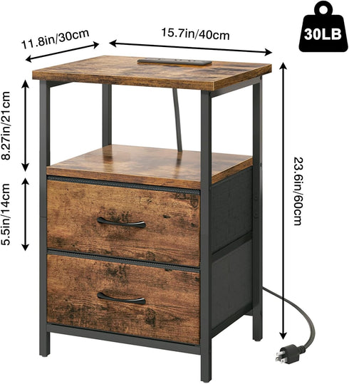 Fixwal Night Stand with Charger Station, Nightstand with Charging Station & Fabric DrawersRustic Brown