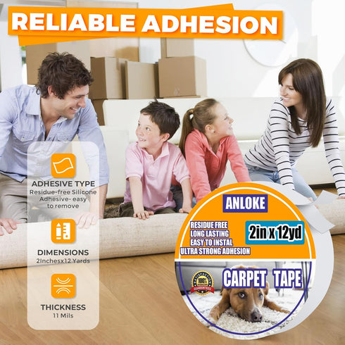 Double Sided Carpet Tape for Area Rugs, 2 Inch x 12 Yards Heavy Duty Rug Tape Gripper for Hardwood Floors