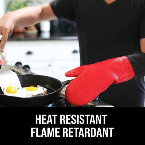 HOMWE Extra Long Professional Silicone Oven Mitt, Heat Resistant, Red, 1 Pair, 14.7 Inch