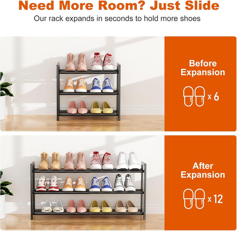 18.5"33", 3-Tier Closet, 12 Expandable Shoe Rack for Small Spaces, Adjustable Width Sturdy Metal Shoe Organizer