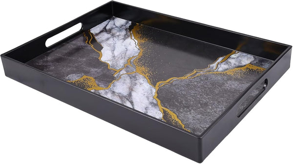 Marble Black Decorative Tray for Coffee Table, Ottoman, Rectangular Plastic Serving Platter