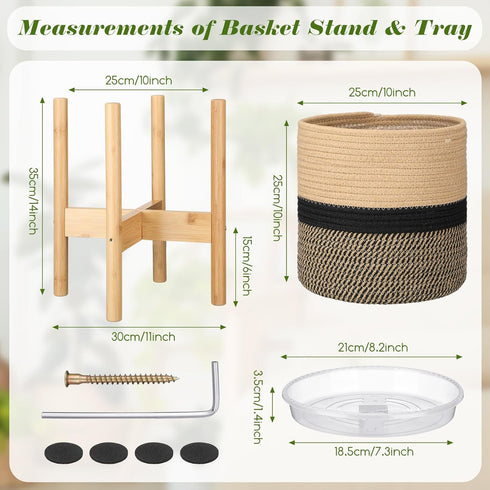 Sunnychicc Stand(10 Inch,Black Plant Basket with Stand Indoor Planter Pot Holder Sturdy Jute Rope Modern Woven Basket