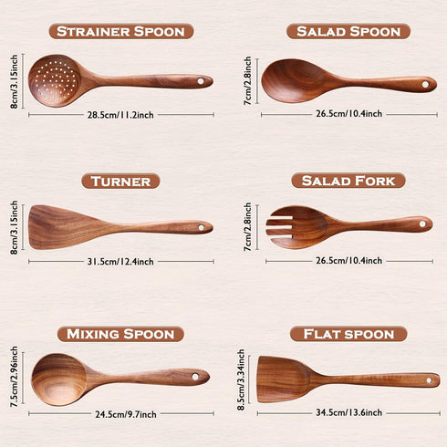 Wooden Spoons for Cooking, 6 Pcs Natural Teak Wood Non-Stick Utensils Set for Kitchen