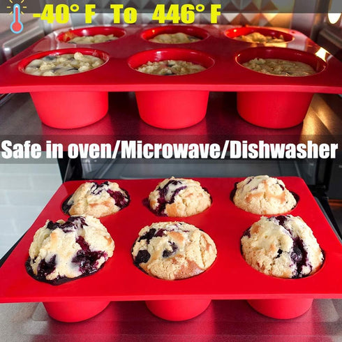 Jumbo Muffin Pan Silicone, European LFGB Cupcake Pan 6 Cups, Non-Stick Deep Baking Pan, Set of 2 Red