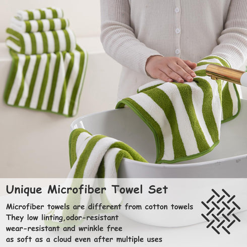 18 Set Loop-6 Towels,6 Towels,6 Set Pcs Green Stripe Bath Towel with Hanging Bath Hand Washcloths Soft Family Towels
