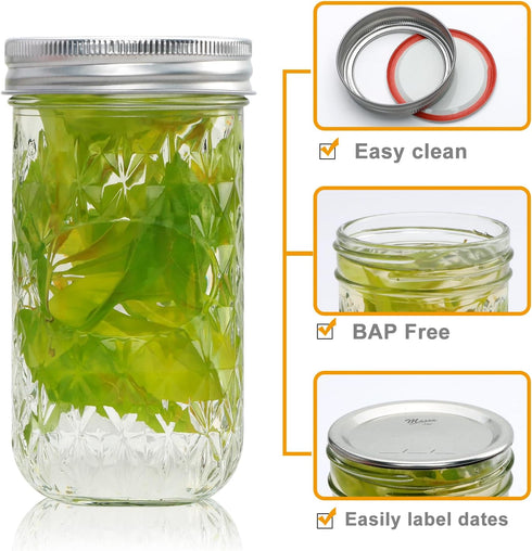 12 OZ,Canning 24PACK,Glass Flrolove Mason Jars Jars with Lids Jam Jars, Jelly Jars with Airtight Lids,Ideal