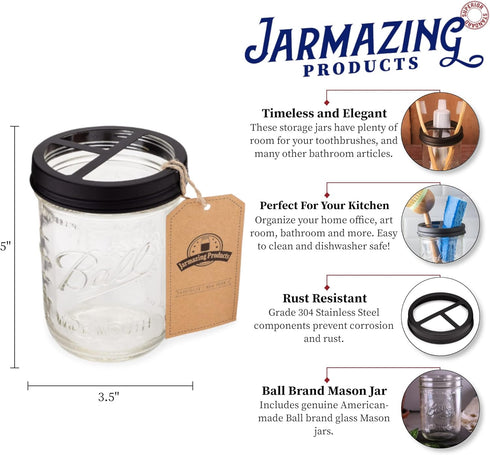 Jarmazing Products Black Mason Jar Toothbrush Holder with 16 Ounce Ball Mason Jar, Rust-Proof Stainless Steel