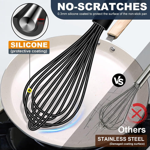 Whisk,Silicone Whisks for Cooking non Scratch Protect your ceramics from sticking to pots and pans.7+9+11in wisk.Perfect for Blending, Whisking, Beating.Dishwasher safe and BPA free.3pcs Black by Eddeas