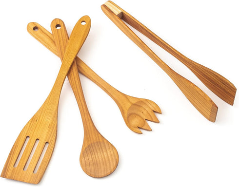 tuuli Kitchen 4-Piece Wooden Cooking Utensils Set, Durable Solid Cherry Wood (Spoon, Fork, Spatula, BBQ Tongs)