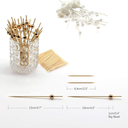 Minisland Gold Pearl Cocktail Picks, 4.7 Inch Bamboo Toothpicks for Appetizers, 100 Counts Decorative Skewer Sticks