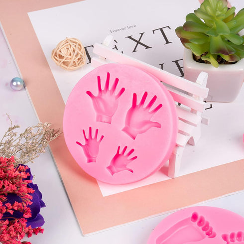 Whaline Silicone 3D Baby Feet Hands Mold, Pink Chocolate Fondant Mould for Baby Shower Decoration, 2pcs