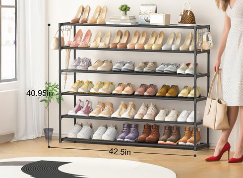 6 39Pairs, 2 Closet LUKYTOWER Extra Long Shoe Rack Tier Shoe Storage Organizer with Hooks, Wide Stackable Shoe