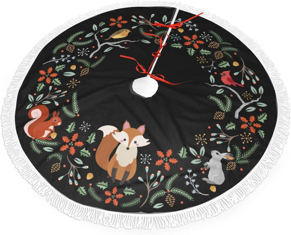 Forest Wreath Christmas Tree Skirt, Gorgeous Edge Tassel Lace for 36" Xmas Ornaments Decoration, Fox Design