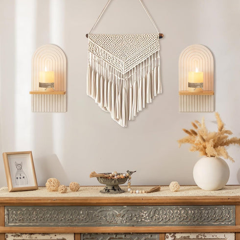 Set 2 Boho Wall Candle Holder Decor: Mid Century Candle Sconces of for Plants Pillar Candles - White Wood Modern