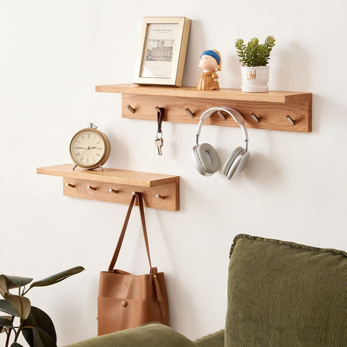 Wall Mounted Coat Rack Shelf, Oak Wood Entryway Shelf with 5 Hooks, Floating Shelf for Bedroom, Living Room