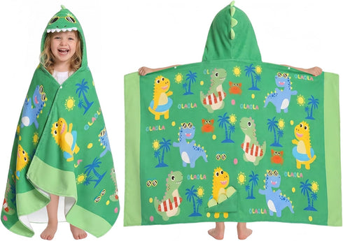 OLAOLA Dinosaur Beach Hooded Towel for Kids 3-12 Years, Soft Thick Absorbent