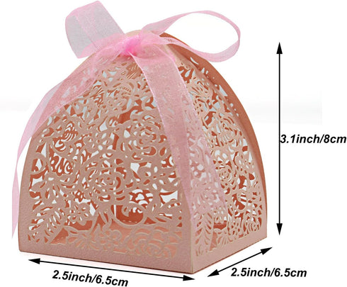 KPOSIYA Pack of 100 Laser Cut Rose Candy Boxes, Favor Boxes 2.5"x 2.5"x 3.1" for Bridal Shower, Anniversary, Birthday