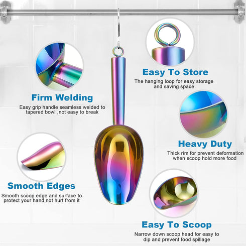 3OZ Mini Scoop Set of 2, P&P CHEF Stainless Steel Ice Cube Scoop for Home Bar, Easy Clean & Durable - Rainbow