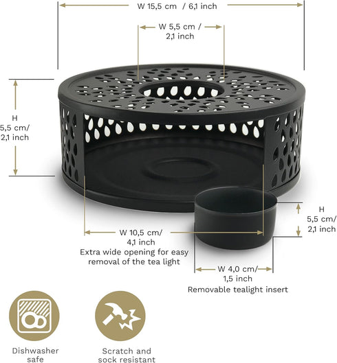 Creano Black Stainless Steel Tea Warmer with Tea Light Holder - Tea Cosy - Stable Not Rattling - Rechaud Suitable
