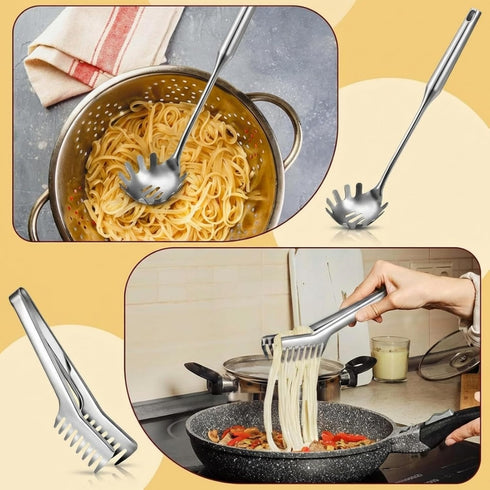 Set, Patelai Stainless Steel Spaghetti Spoon and Pasta Tongs Long Handle Noodle Server Tools with Drain Holes, Non-slip