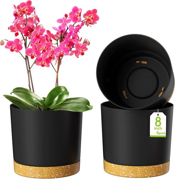 ZMTECH Set of 3 8'' Self Watering Plant Pots, Plastic Planters with Drainage Hole and Saucer for Indoor Outdoor Use