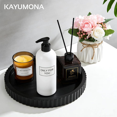 KAYUMONA 11" Counter Modern Decorative Tray for Coffee Table, Wooden Black Round Small Decor Tray for Candle, Perfume