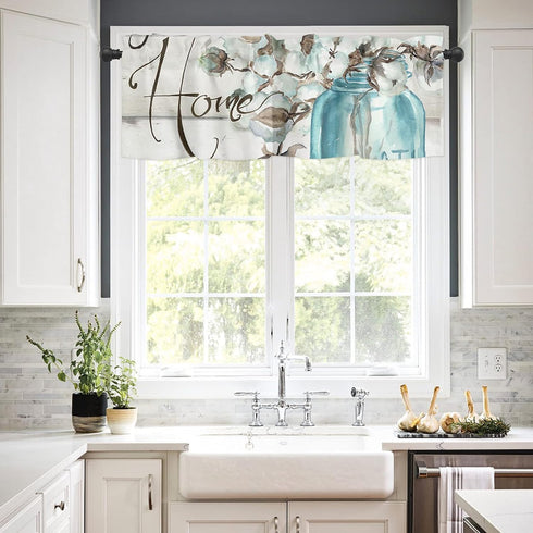 Mason Jar Cotton Flower Valances for Windows - 54x18 inch Rod Pocket Kitchen Curtains, Floral Wooden Plank Design