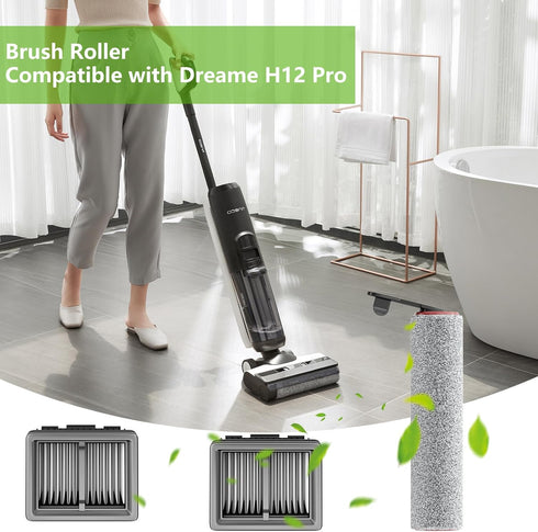 H12 (H12Pro 1 2 Nukisa Replacement Vacuum Filters Roller Brushes Compatible with Dreame Pro Wet Dry Vacuum Cleaner