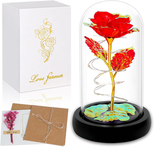 Childom Birthday Gifts for Women, Light Up Rose in Glass Dome, Colorful Red Flowers for Christmas, Anniversary, Birthday