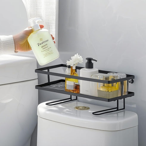 PowerKing 2 Over The Toilet Storage Shelf, Bathroom Organizer Rack with Hooks, No-Drill, Rust-Resistant Steel, Toilet
