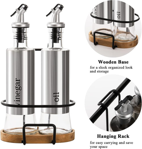 2 Pack Set 10OZ Tebery Olive Oil and Vinegar Bottle with Rack and Wooden Base, Olive Dispenser Glass Cooking Oil Cruet