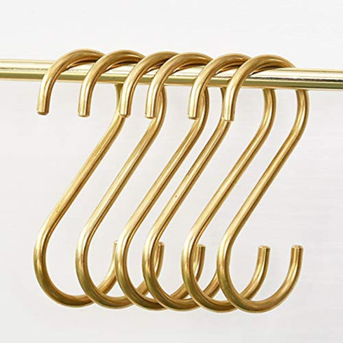 YANGQIHOME 6 Pieces, Gold Brass S Shaped Hooks, Coat Clothes Towel Hangers, Kitchen Rack Hooks