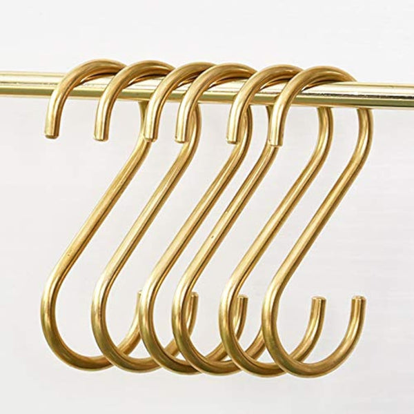 YANGQIHOME 6 Pieces, Gold Brass S Shaped Hooks, Coat Clothes Towel Hangers, Kitchen Rack Hooks