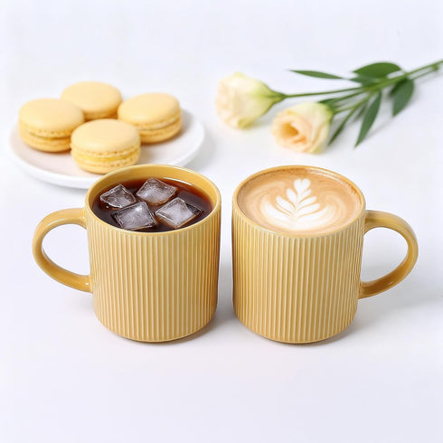 16Oz Set 4, Set MONITO Coffee Mugs of Rustic Ceramic Coffee Cups with Large Handle, Vintage Striped Stoneware Coffee