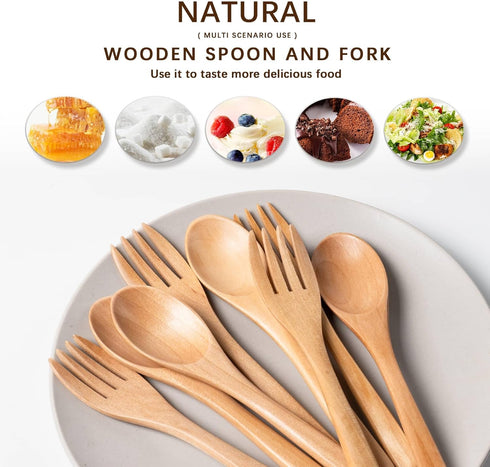 8Pcs Schima Wooden Utensil Set, Reusable Handmade Natural Wooden Cutlery, Eco-Friendly Wooden Spoons and Forks for