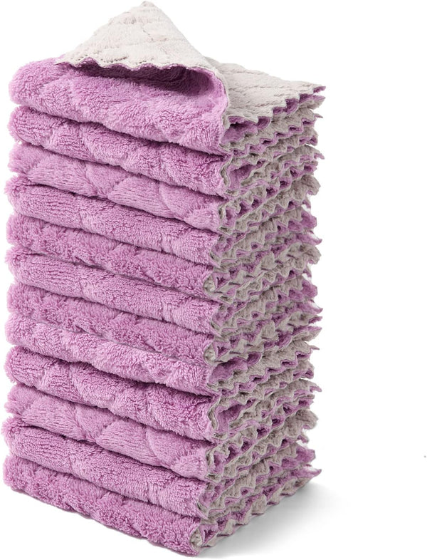 kimteny 12 Pack Premium Dish Towels, 10x10 in Super Absorbent Coral Velvet Nonstick Fast Drying (Purple-Grey)