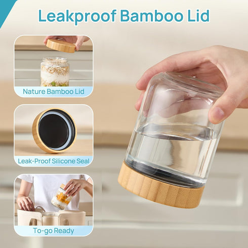6 Pack 16oz Vtopmart Glass Overnight Oats Containers with Bamboo Lids, Portable Wide Mouth Glass Jars Leak-proof